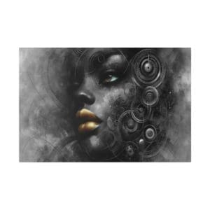 Futuristic woman with mechanical elements artwork.