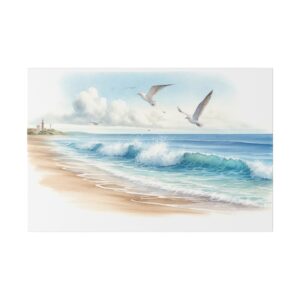 Seagulls flying over a sandy beach.