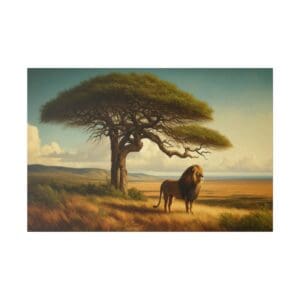 A lion stands under a large tree.