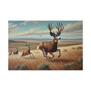 A buck deer runs through a grassy field.