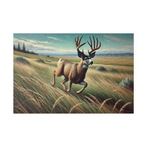A buck deer running through tall grass.