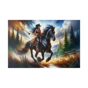 Cowgirl riding a black horse through a field.