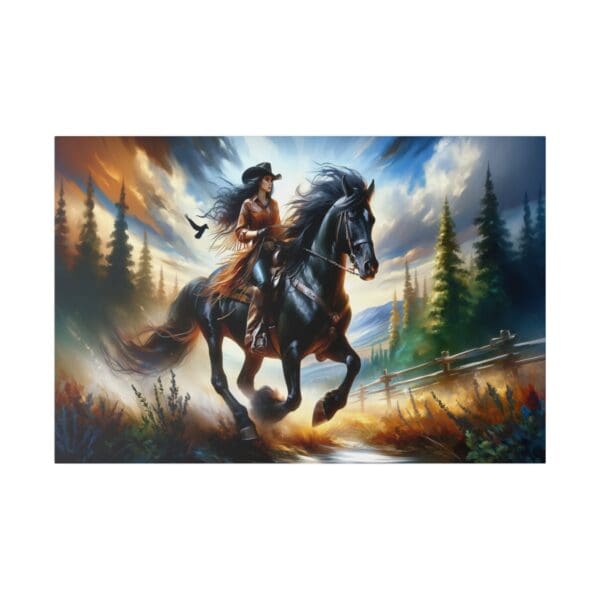 Cowgirl riding a black horse through a field.