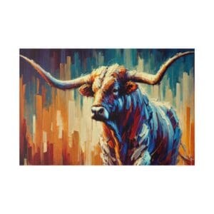 Colorful abstract painting of a longhorn bull.