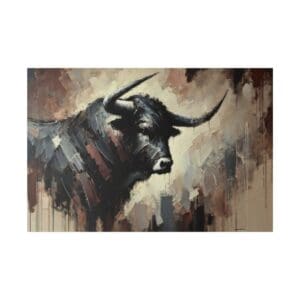 Abstract painting of a bull with horns.