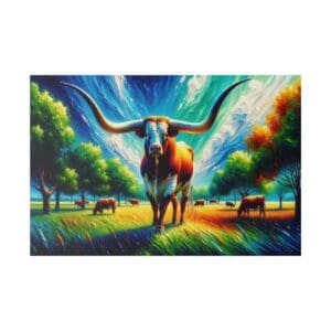 Colorful painting of a longhorn in field.