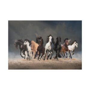 Herd of horses running through dust.