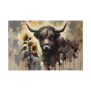 Highland cow with sunflowers painting.
