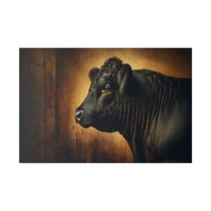 Black bull standing near wooden wall.