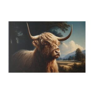Highland cow standing in a scenic landscape.