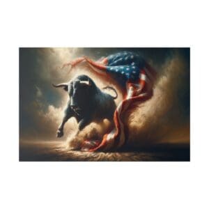 Black bull charging with American flag.