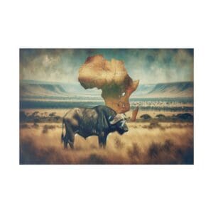 African buffalo standing in savanna with map overlay.