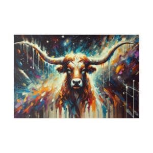 Colorful cosmic bull with long horns.