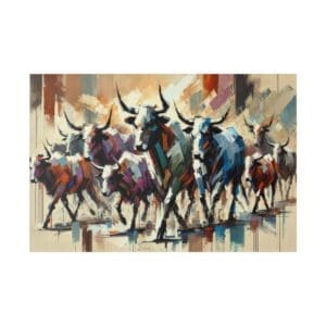 Abstract painting of colorful charging bulls.
