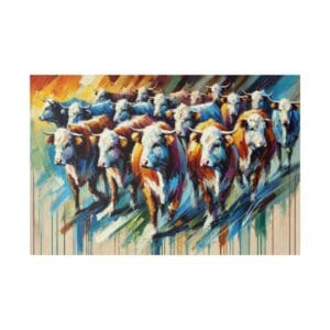 Colorful abstract painting of running cows.