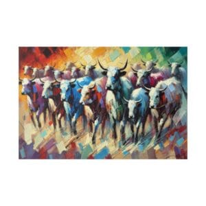 Colorful abstract painting of running bulls.
