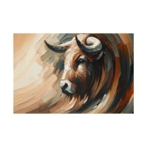 Abstract bull painting with swirling colors.