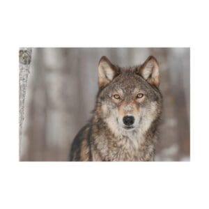 Wolf standing in a snowy forest.
