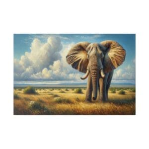 Elephant standing in grassy savanna landscape.