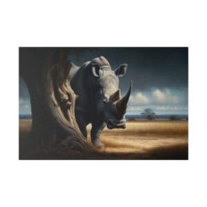 A rhinoceros stands near a tree in a savanna.