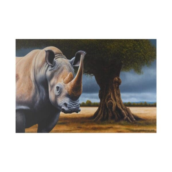 White rhinoceros standing near a tree.