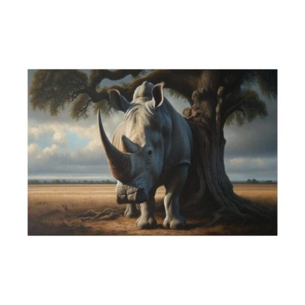White rhinoceros standing near a tree.