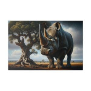 White rhinoceros standing near a tree.