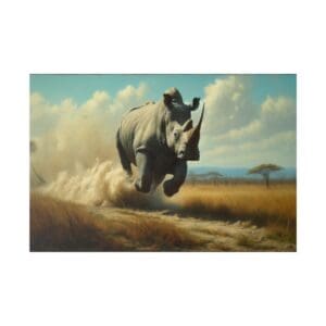 White rhinoceros charging through savanna grass.
