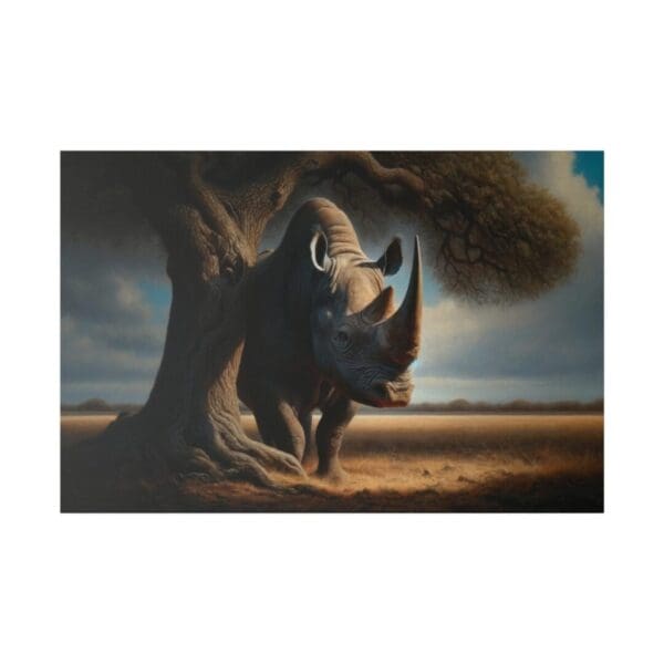 Rhino standing under a tree in a field.