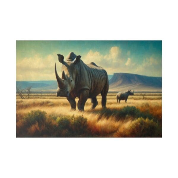 White rhinoceros standing in a field.