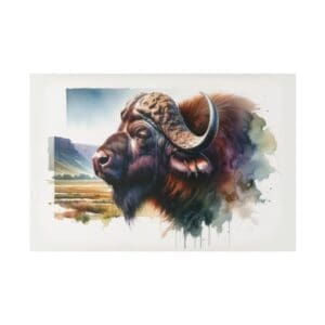 Watercolor painting of a buffalo head.