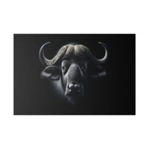 Close-up of a black buffalo's head.