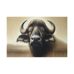 Close-up painting of a buffalo's face.