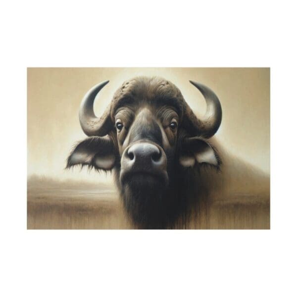 Close-up painting of a buffalo's face.