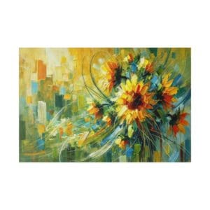 Colorful abstract painting of sunflowers.