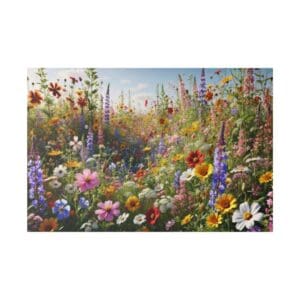 Colorful wildflower meadow under blue sky.