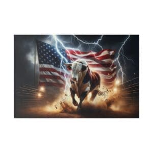 A bull charges with an American flag behind it.