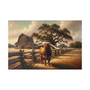 Longhorn cow in front of rustic barn.