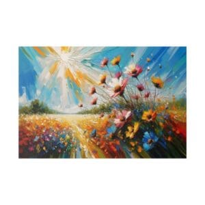 Colorful abstract painting of sunlit flowers.