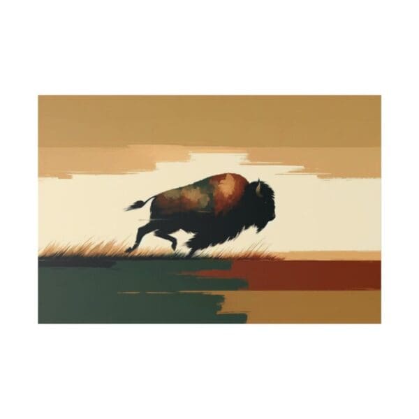 A brown buffalo running across a field.