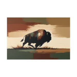 Painting of a running buffalo in a landscape.