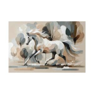 White horse running through abstract landscape.