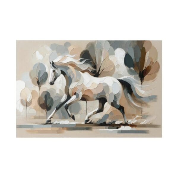 White horse running through abstract landscape.