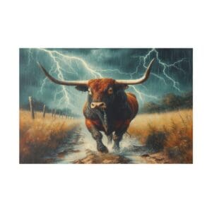 Charging bull under a stormy sky.