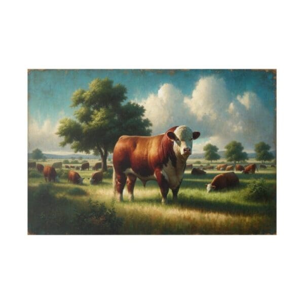 A red and white bull in a field.