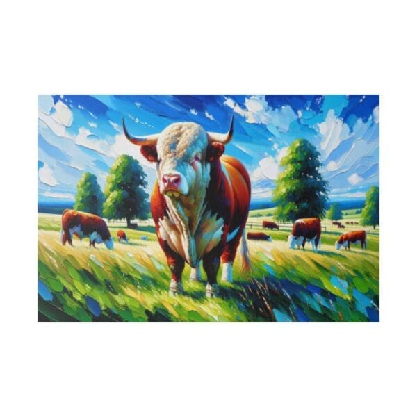 A painting of a bull in a field.