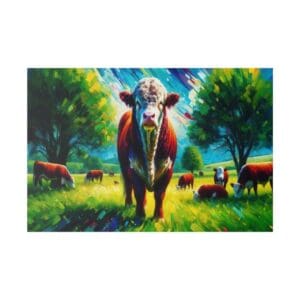 A colorful painting of a bull in a field.