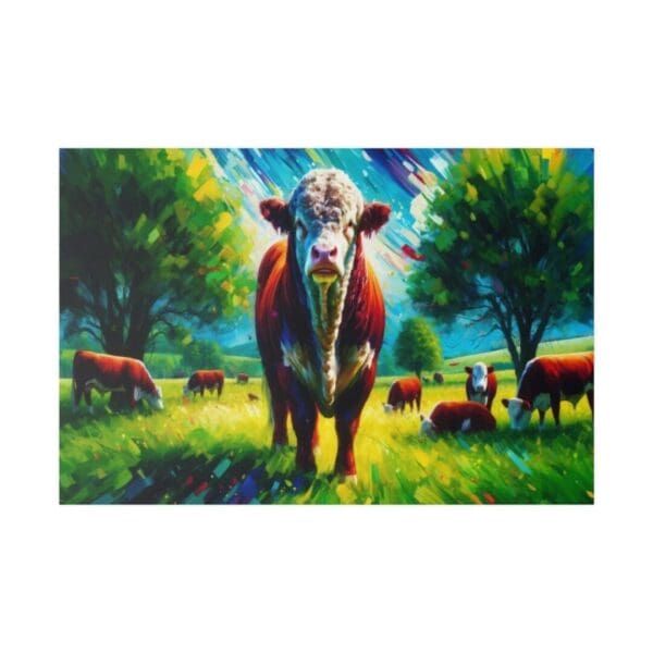 A colorful painting of a bull in a field.