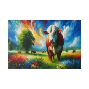 Bull in a colorful meadow with other cows.