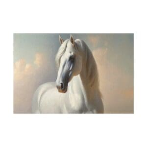 A white horse with a flowing mane.